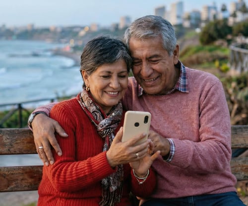 Mujer sonriendo mientras utiliza un celular
